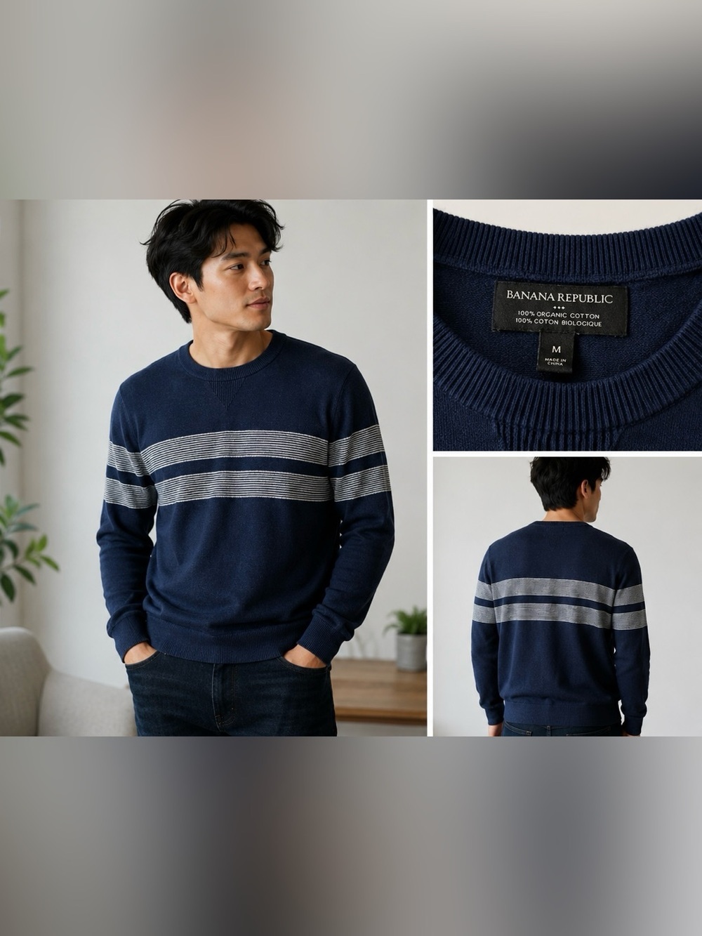 Banana Republic Men’s Medium Navy Striped Crewneck Sweater Organic Cotton